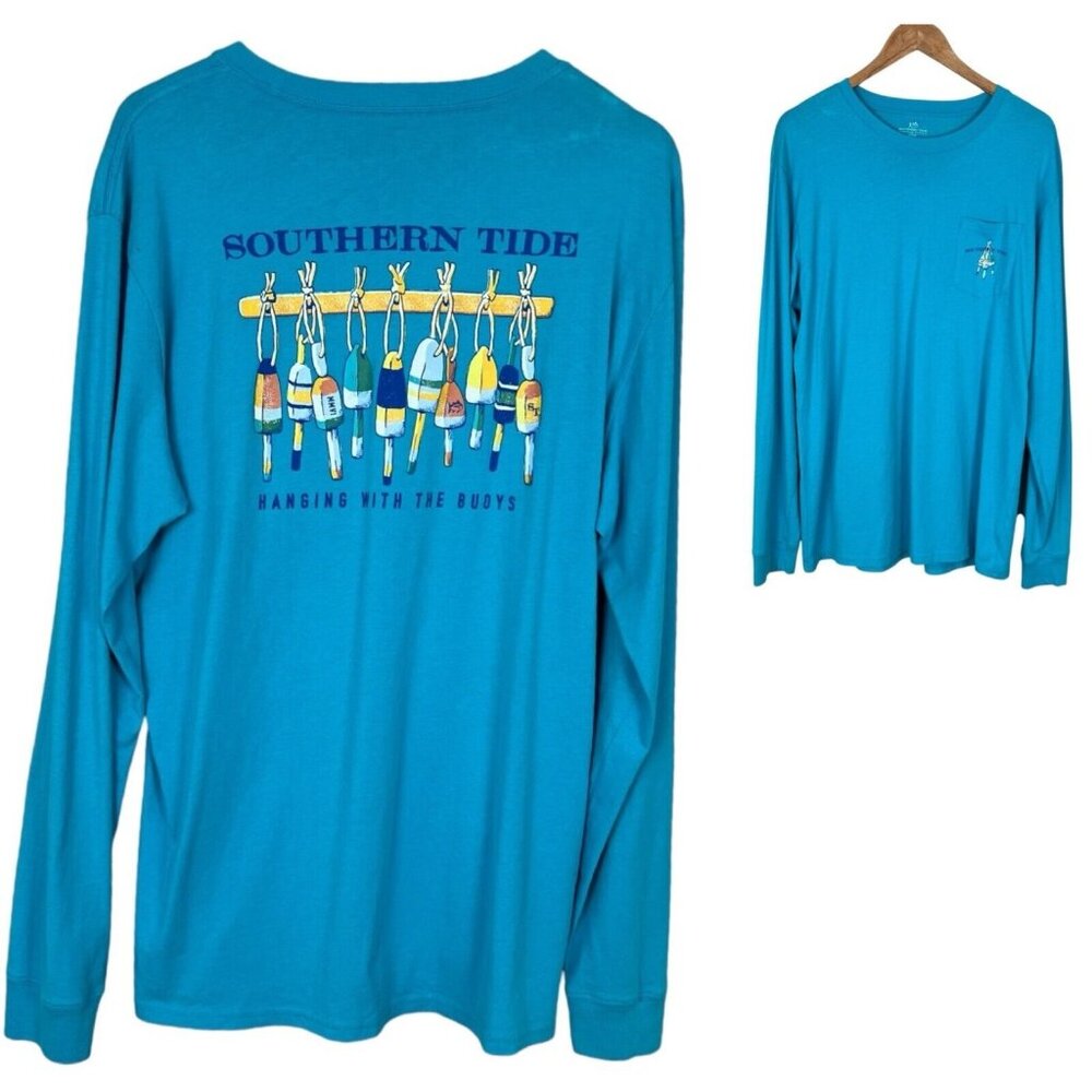 Southern Tide Shirt Mens Large Blue Long Sleeve Graphic Crewneck Pocket Buoys L